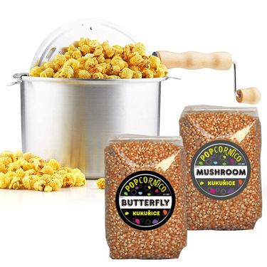 Whirley Pop Silver popcorn kotlík hliník s kukuřicí